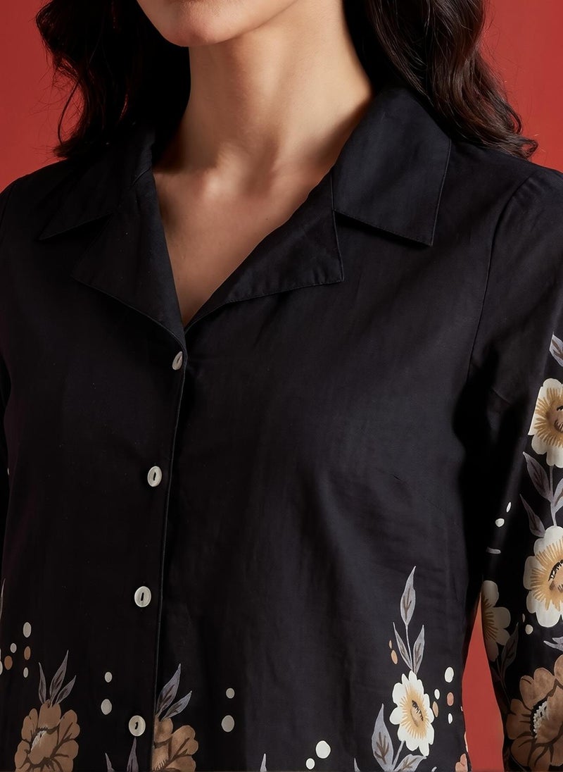 جلو باص طقم نسائي بلوزة بطبعة زهور وياقة وياقة واسعة مع بنطلون واسع الأرجل - Image 5